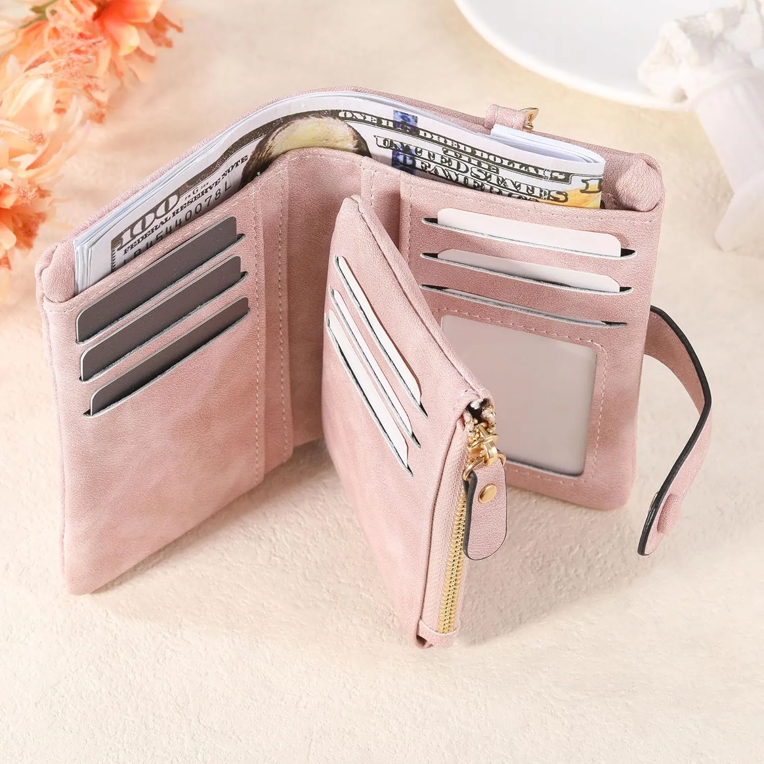 Personalized Leather Wallets for Women with Zipper Coin Purse, Wrist Strap, Small Ladies Wallet with Name Birth Flower for Girlfriend Wife Mother's Day - Pink
