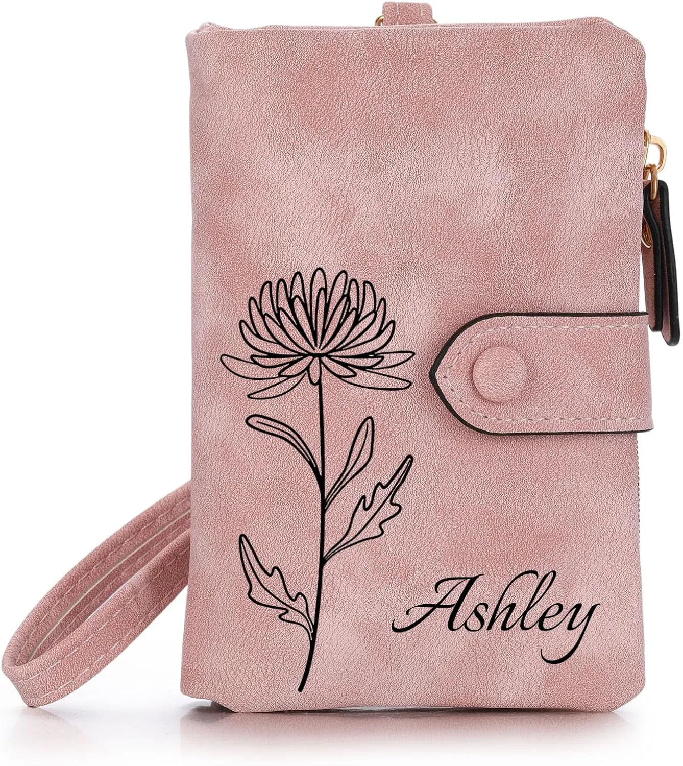 Personalized Leather Wallets for Women with Zipper Coin Purse, Wrist Strap, Small Ladies Wallet with Name Birth Flower for Girlfriend Wife Mother's Day - Pink