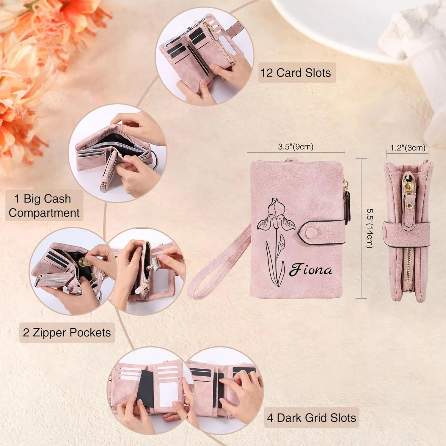 Personalized Leather Wallets for Women with Zipper Coin Purse, Wrist Strap, Small Ladies Wallet with Name Birth Flower for Girlfriend Wife Mother's Day - Pink