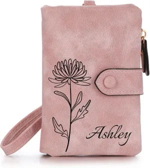 Personalized Leather Wallets for Women with Zipper Coin Purse, Wrist Strap, Small Ladies Wallet with Name Birth Flower for Girlfriend Wife Mother's Day - Pink