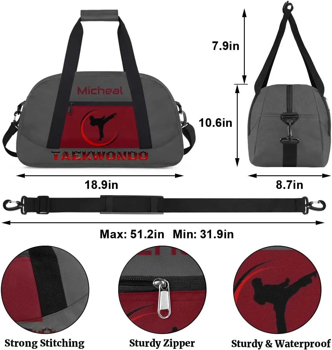 Personalized Martial Art Bag Duffel Bag for Boys Girls, Custom Taekwondo Karate Bag for Travel Weekender Practice Grey