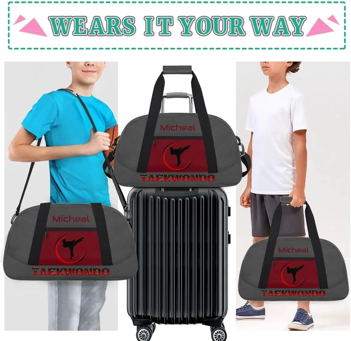 Personalized Martial Art Bag Duffel Bag for Boys Girls, Custom Taekwondo Karate Bag for Travel Weekender Practice Grey