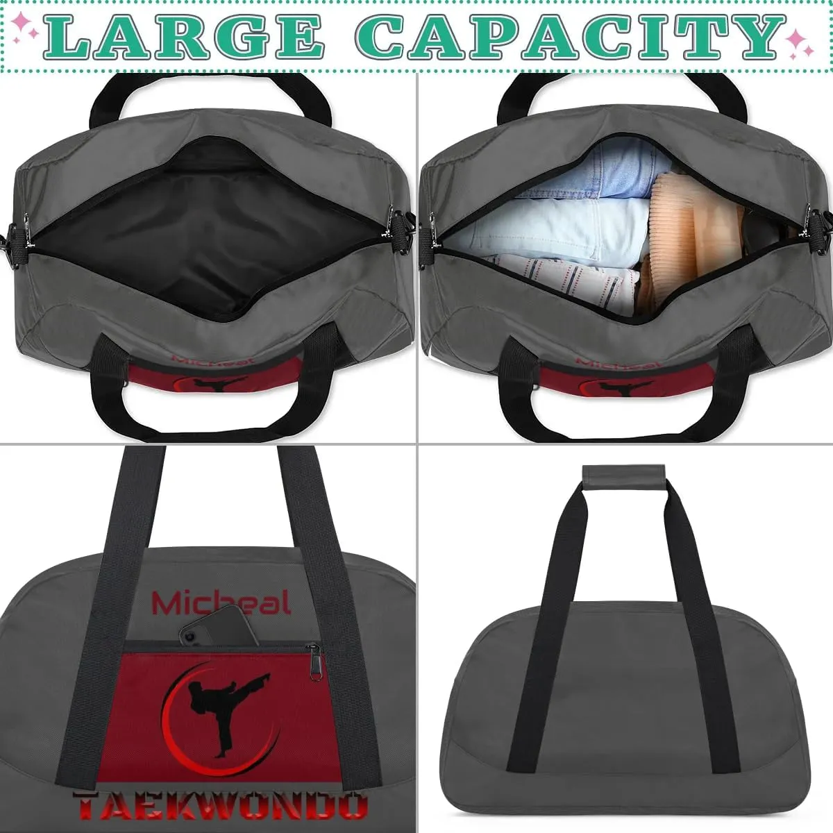 Personalized Martial Art Bag Duffel Bag for Boys Girls, Custom Taekwondo Karate Bag for Travel Weekender Practice Grey