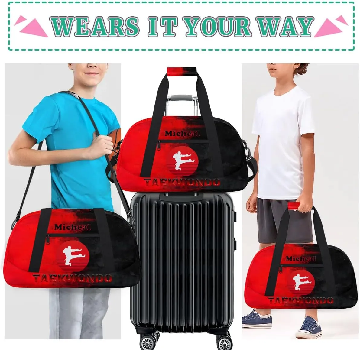 Personalized Martial Art Bag Duffel Bag for Girls, Custom Taekwondo Karate Bag Overnight Bags for Travel Weekender Practice Red Taekwondo