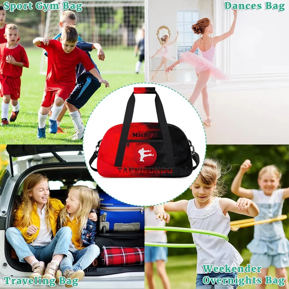 Personalized Martial Art Bag Duffel Bag for Girls, Custom Taekwondo Karate Bag Overnight Bags for Travel Weekender Practice Red Taekwondo
