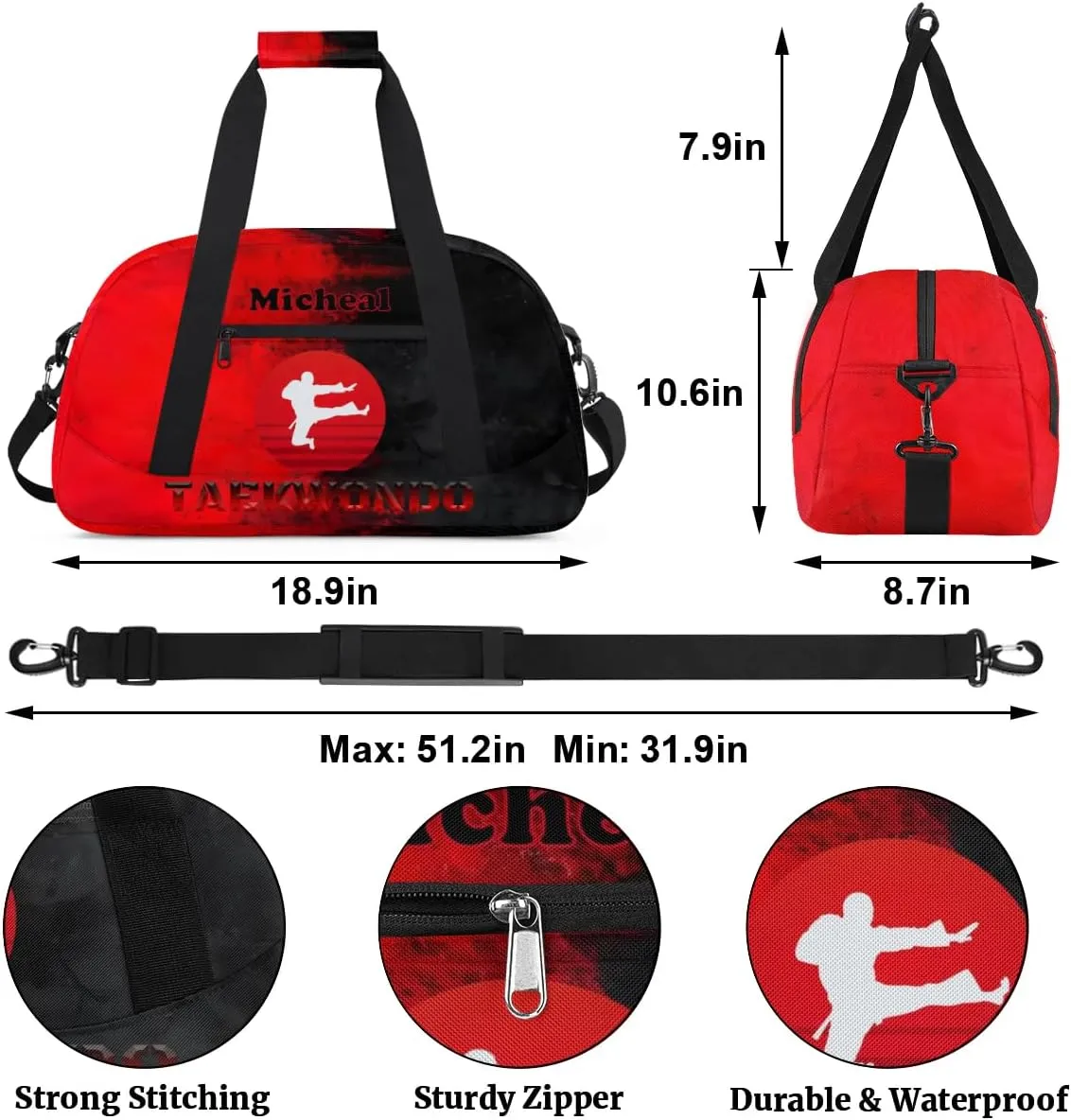 Personalized Martial Art Bag Duffel Bag for Girls, Custom Taekwondo Karate Bag Overnight Bags for Travel Weekender Practice Red Taekwondo