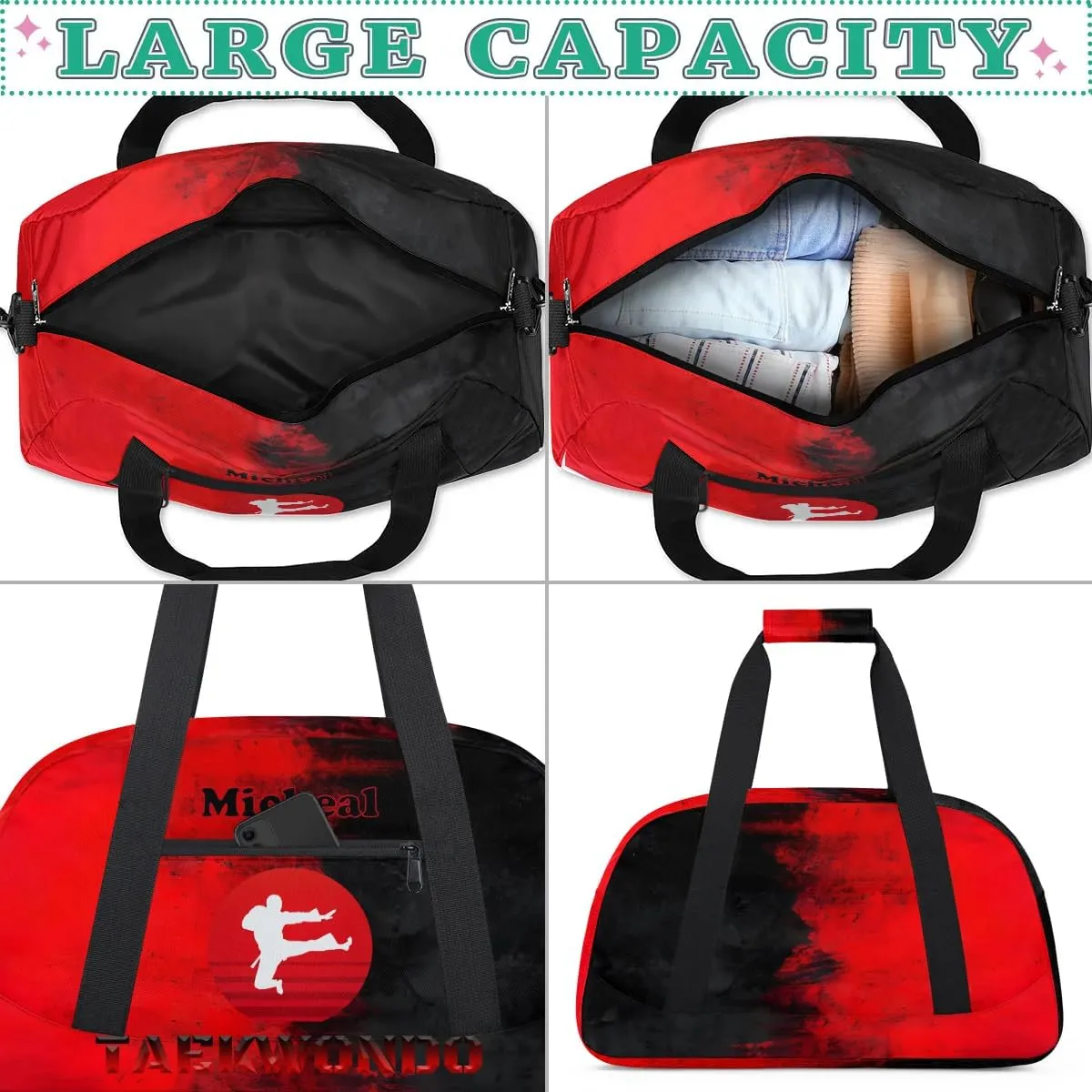 Personalized Martial Art Bag Duffel Bag for Girls, Custom Taekwondo Karate Bag Overnight Bags for Travel Weekender Practice Red Taekwondo