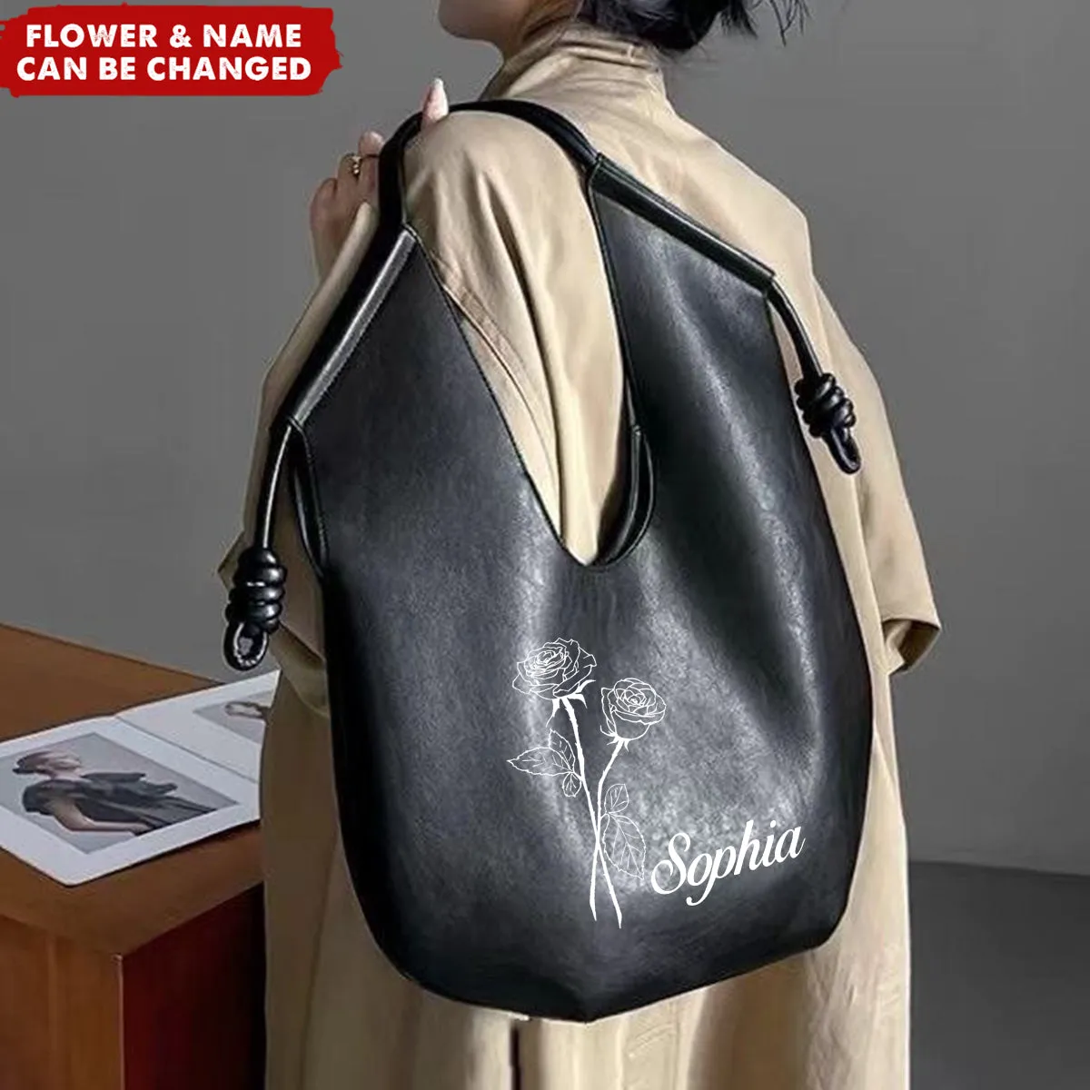 Personalized Name Birthday Flower Hobo Bag Leather Travel Tote Shoulder Handbag