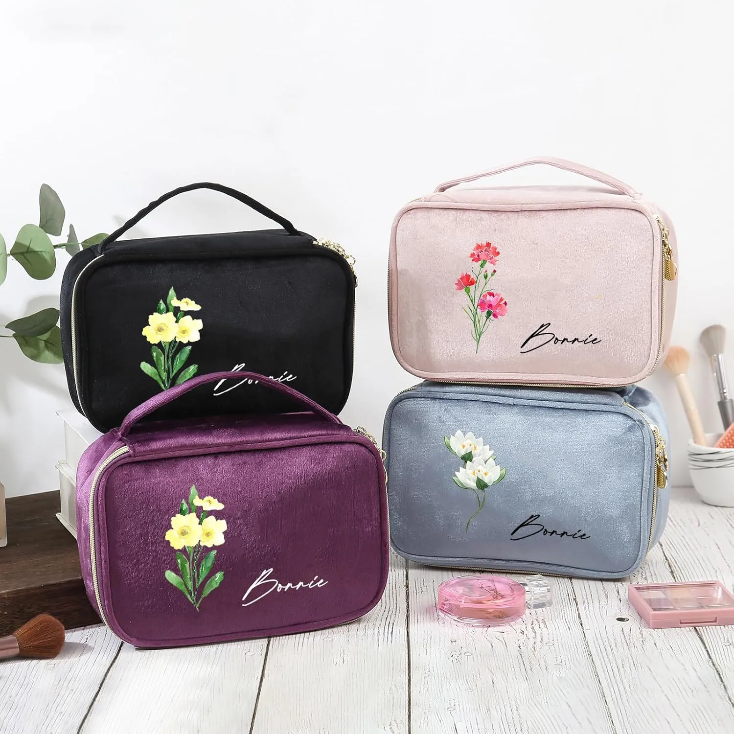 Personalized Name Makeup Bag with Birth Flower, Custom Travel Make Up Organizer Cosmetic Brush Bags Case for Women (Style 1)