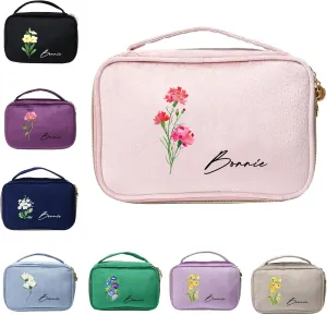 Personalized Name Makeup Bag with Birth Flower, Custom Travel Make Up Organizer Cosmetic Brush Bags Case for Women (Style 1)