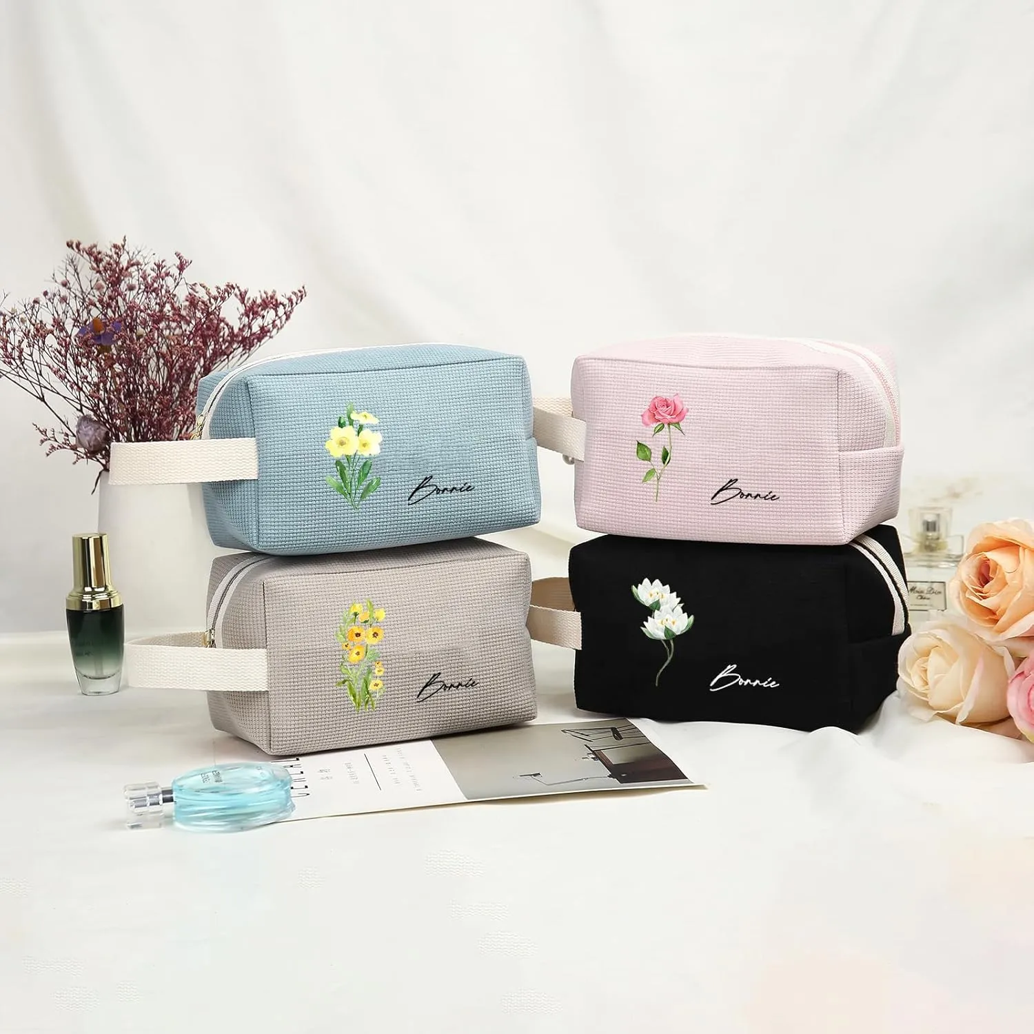 Personalized Name Makeup Bag with Birth Flower, Custom Travel Make Up Organizer Cosmetic Brush Bags Case for Women (Style 4)