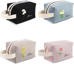 Personalized Name Makeup Bag with Birth Flower, Custom Travel Make Up Organizer Cosmetic Brush Bags Case for Women (Style 4)