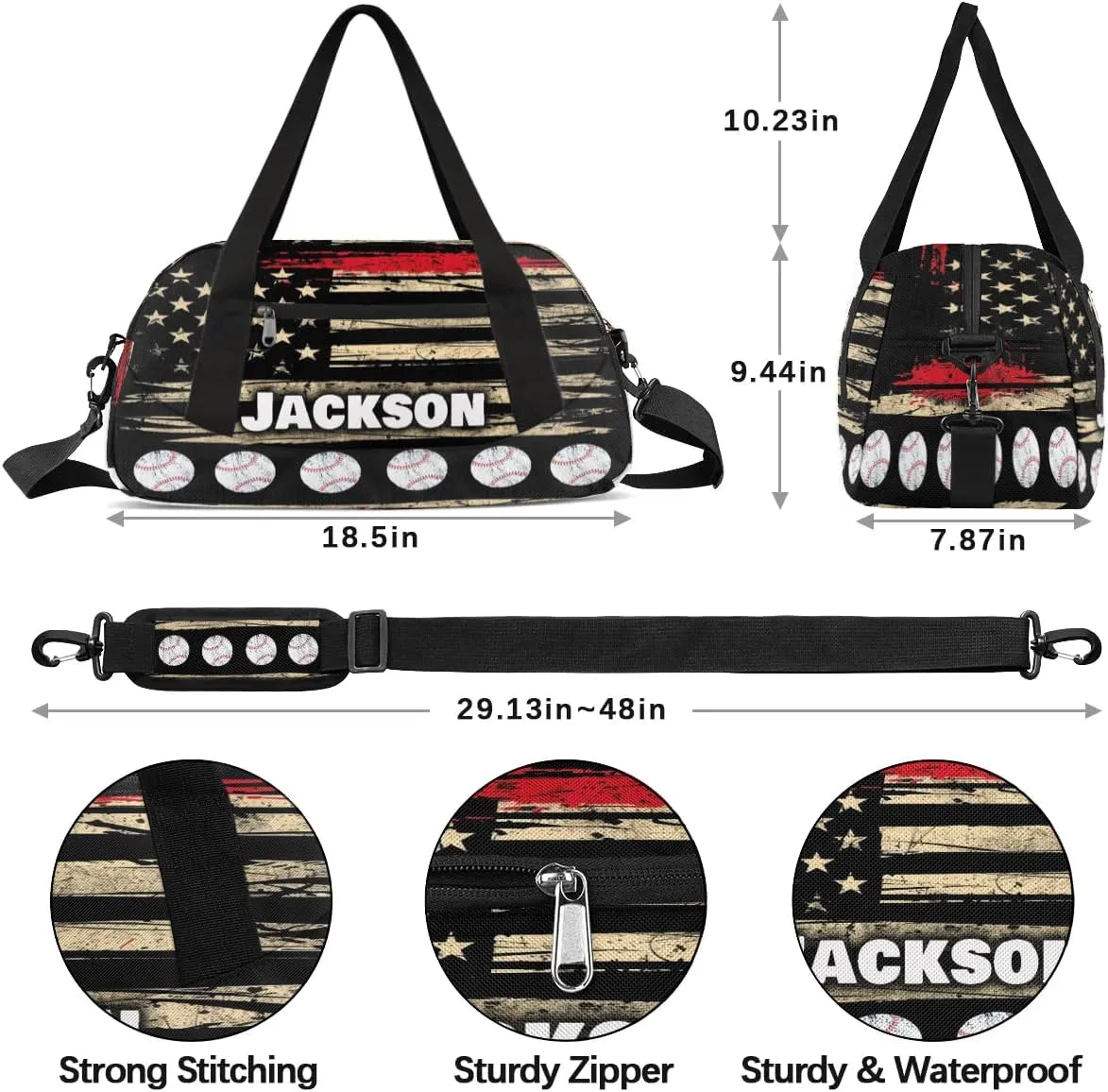 Personalized Sport Duffle Bag for Boys Girls, Custom Baseball American Flag Kids Duffle Bag Gym Bag with Name, Travel Duffel Bag Overnight Weekender Bag, Customized Kids Gifts
