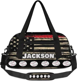 Personalized Sport Duffle Bag for Boys Girls, Custom Baseball American Flag Kids Duffle Bag Gym Bag with Name, Travel Duffel Bag Overnight Weekender Bag, Customized Kids Gifts