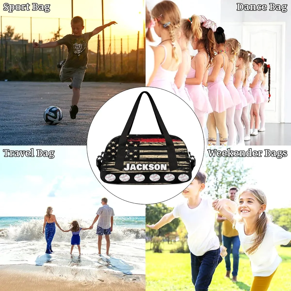 Personalized Sport Duffle Bag for Boys Girls, Custom Baseball American Flag Kids Duffle Bag Gym Bag with Name, Travel Duffel Bag Overnight Weekender Bag, Customized Kids Gifts