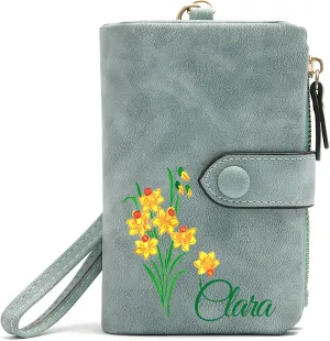 Personalized Wallet Custom Birth Flower & Name, Small Leather Wallet Coin Purse Card Holder for Women Mom Teen Girls Valentines Day Gifts for Her, Customized Wristlet Wallets Bridesmaid Gifts