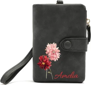 Personalized Wallet Custom Birth Flower & Name, Small Leather Wallet Coin Purse Card Holder for Women Mom Teen Girls Valentines Day Gifts for Her, Customized Wristlet Wallets Bridesmaid Gifts