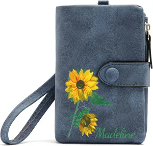 Personalized Wallet Custom Birth Flower & Name, Small Leather Wallet Coin Purse Card Holder for Women Mom Teen Girls Valentines Day Gifts for Her, Customized Wristlet Wallets Bridesmaid Gifts