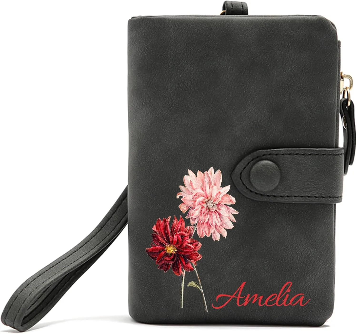 Personalized Wallet Custom Birth Flower & Name, Small Leather Wallet Coin Purse Card Holder for Women Mom Teen Girls Valentines Day Gifts for Her, Customized Wristlet Wallets Bridesmaid Gifts
