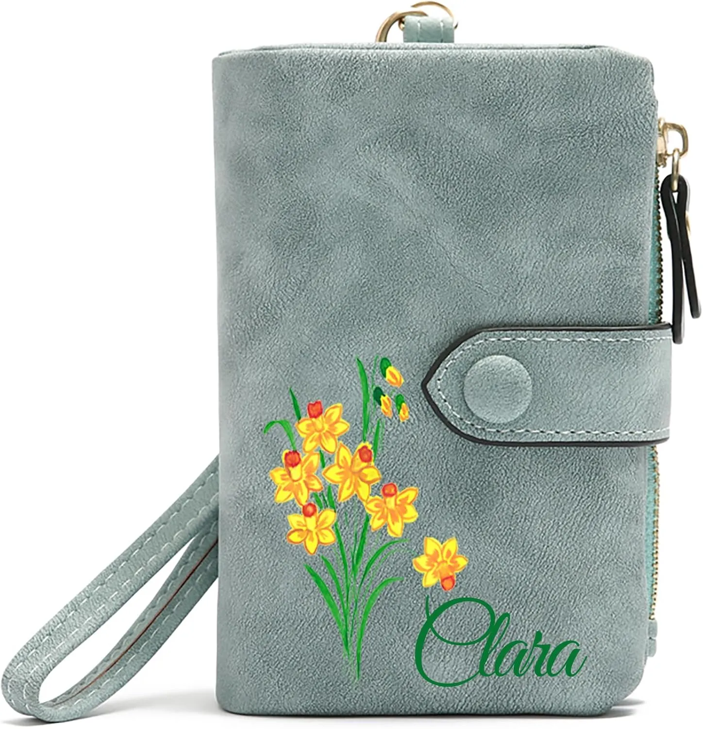 Personalized Wallet Custom Birth Flower & Name, Small Leather Wallet Coin Purse Card Holder for Women Mom Teen Girls Valentines Day Gifts for Her, Customized Wristlet Wallets Bridesmaid Gifts