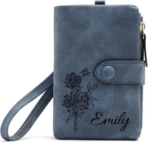 Personalized Wallet Custom Birth Flower & Name, Small Leather Wallet Coin Purse Card Holder for Women Teen Girls Customized Gifts for Birthday Christmas Thanksgiving Anniversary Mothers Day