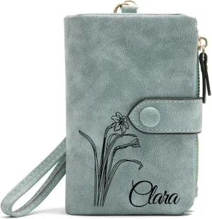 Personalized Wallet Custom Birth Flower & Name, Small Leather Wallet Coin Purse Card Holder for Women Teen Girls Customized Gifts for Birthday Christmas Thanksgiving Anniversary Mothers Day