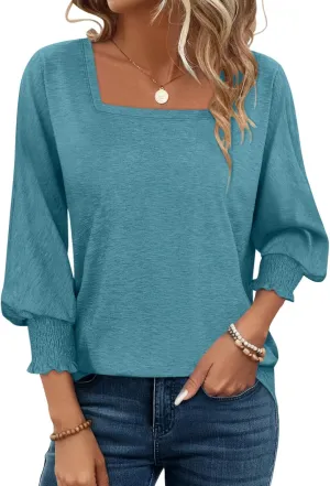 PGANDS Women's 3/4 Sleeve Tops Square Neck Spring Summer Casual Smocked Cuffs Shirts