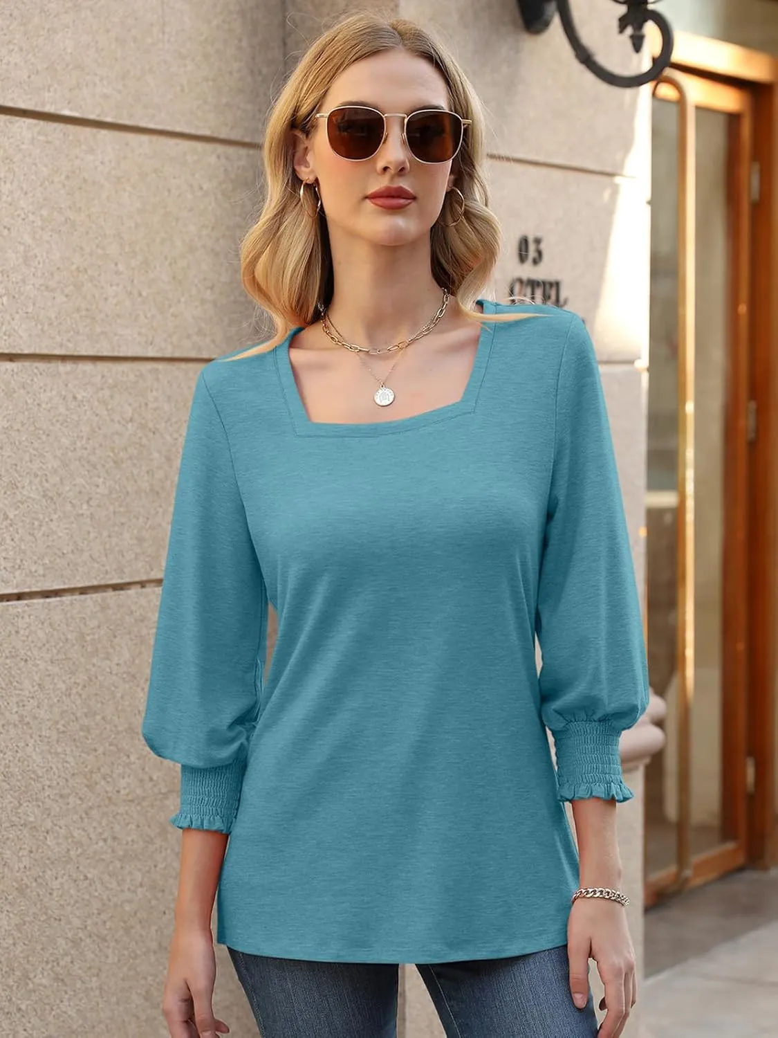 PGANDS Women's 3/4 Sleeve Tops Square Neck Spring Summer Casual Smocked Cuffs Shirts