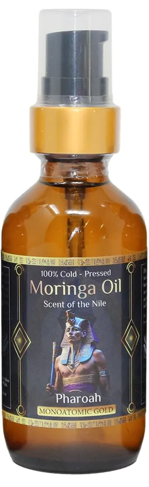 Pharoah - 100% Pure Moringa Oil blended with Leather, and Sweet Tobacco Essential oils and infused with Egyptian Ormus Gold - Pure Moringa Seed oil - Scent of The Nile - 2oz. (60 Ml)