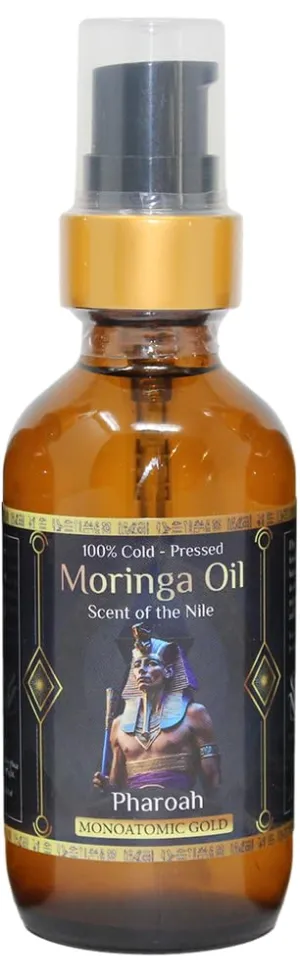 Pharoah - 100% Pure Moringa Oil blended with Leather, and Sweet Tobacco Essential oils and infused with Egyptian Ormus Gold - Pure Moringa Seed oil - Scent of The Nile - 2oz. (60 Ml)
