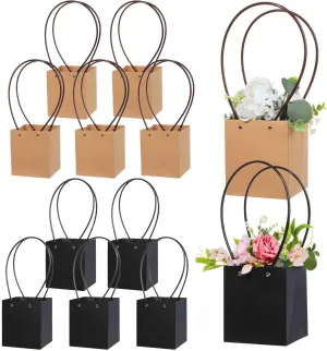 Pineraap 10 Pack Flower Gift Bags, Paper Bouquet Bags Waterproof Bouquet Box with Handles Florist Supplies for Birthday Wedding Party Favors (Black & Brown)
