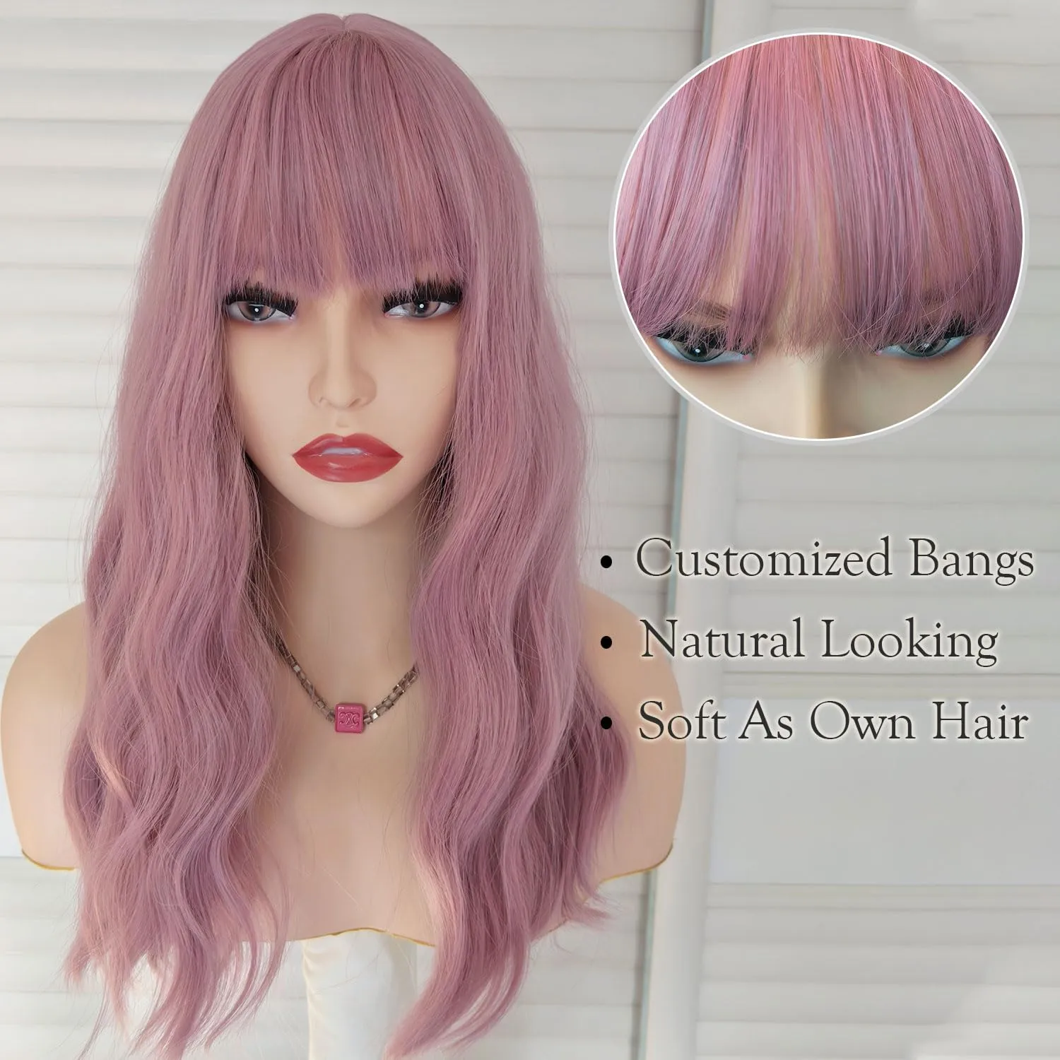 Pink Bob Wigs with Bangs 16 Inch Loose Wave Curly Wig for Women Shoulder Length Colored Synthetic Hair Daily Wig Lovly Pink Heat Friendly