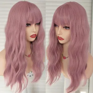 Pink Bob Wigs with Bangs 16 Inch Loose Wave Curly Wig for Women Shoulder Length Colored Synthetic Hair Daily Wig Lovly Pink Heat Friendly