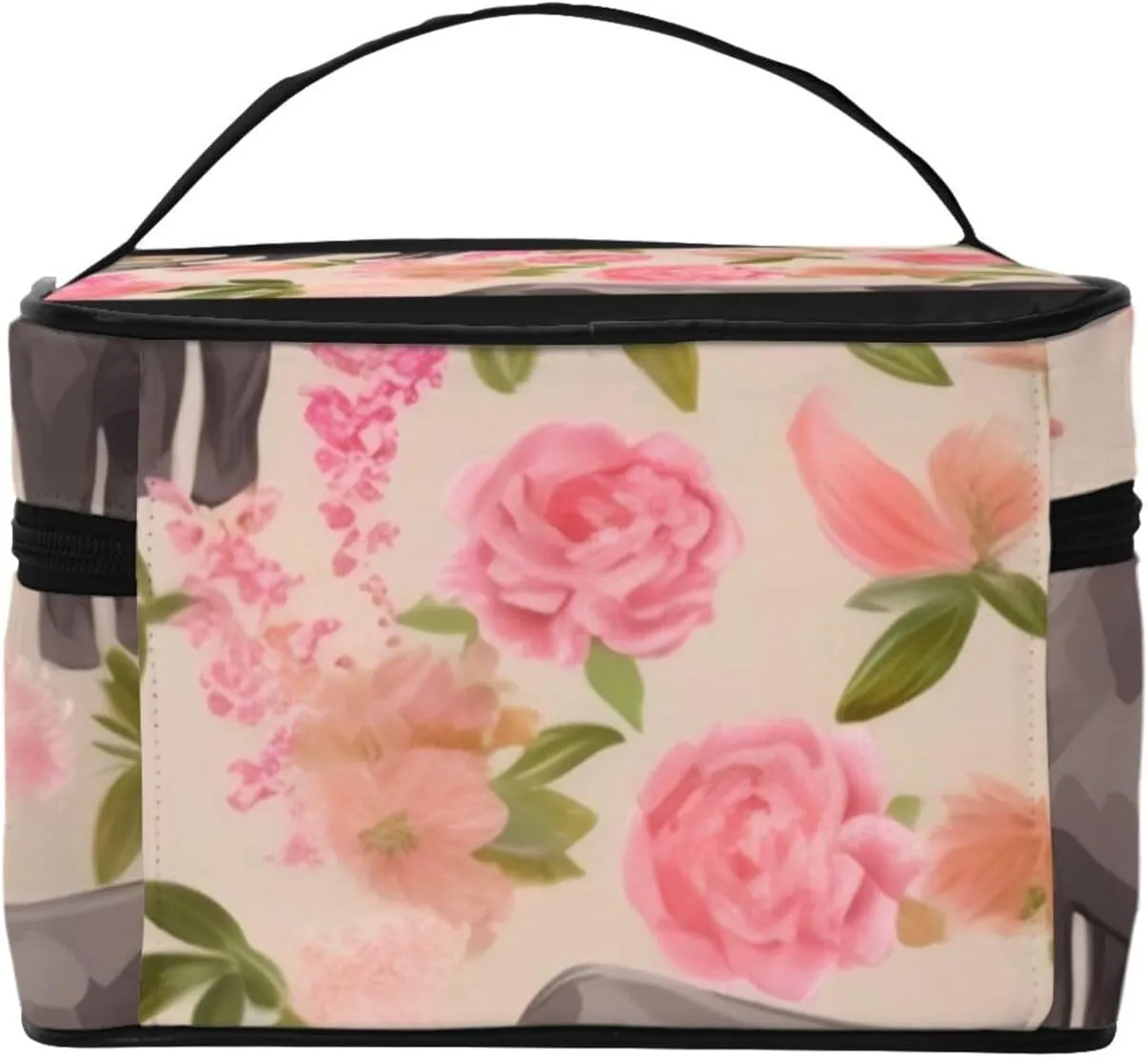 Pink Flower Show Steer Cows Cattle Portable Travel Portable Makeup Bag, Pink Flower Show Steer Cows Cattle Toiletries Bag, Cute Cosmetic Bags Unisex Daily Necessities Storage Bag, 10736