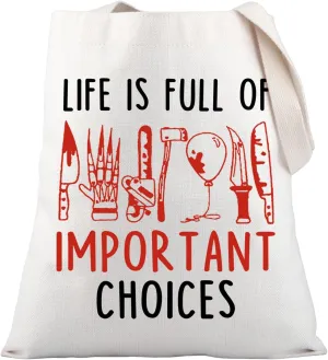 PLITI Horror Movie Characters Tote Bag Horror Squad Gift Life Is Full Of Important Choices Handbag For Horror Movie Fans