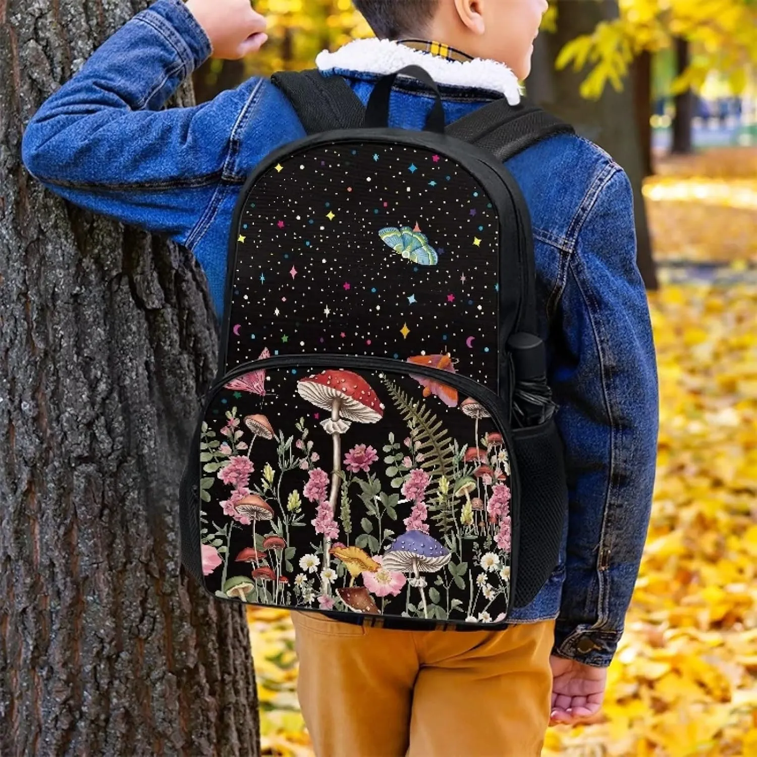 POLERO Starry Butterfly Moth Mushroom Backpack for Women Floral School Bookbags Lightweight Work Daypack Casual Travel Bags