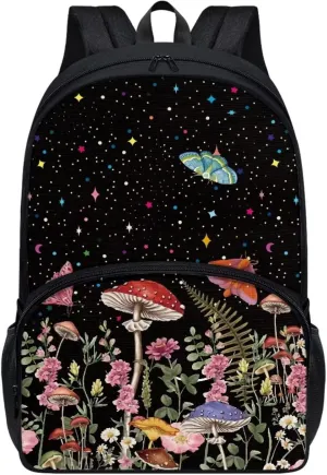 POLERO Starry Butterfly Moth Mushroom Backpack for Women Floral School Bookbags Lightweight Work Daypack Casual Travel Bags
