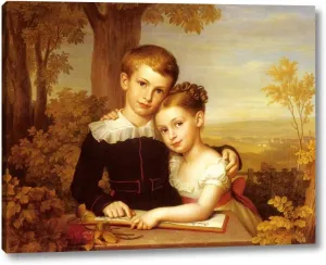 Portrait of Two Children with an Extensive Landscape Beyond by Carl Jacob Leybold - 19" x 24" Gallery Wrap Canvas Art Print - Ready to Hang