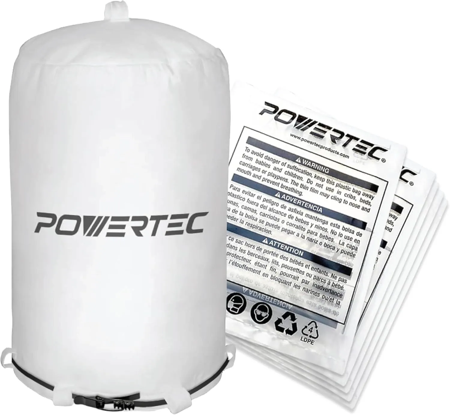 POWERTEC 70428 Dust Collector Bags and Clamp Set | 21" x 31" x 1 Micron Filter Upper Bag with 19-1/8 Inch Band Clamp and 5pc Clear Plastic Dust Collection Bags 19-1/2" x 33"