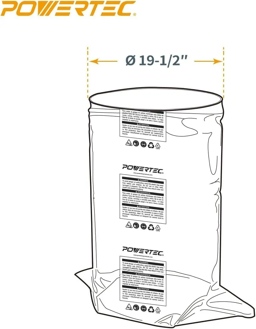 POWERTEC 70428 Dust Collector Bags and Clamp Set | 21" x 31" x 1 Micron Filter Upper Bag with 19-1/8 Inch Band Clamp and 5pc Clear Plastic Dust Collection Bags 19-1/2" x 33"