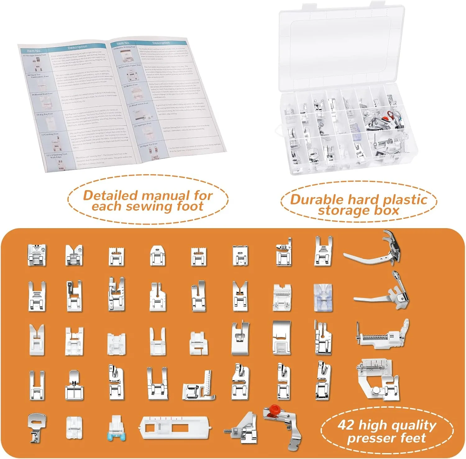 Presser Foot Set 42Pcs, Sewing Machine Presser Feet Kit Accessories with Manual for Brother, Babylock, Singer, Elna, Toyota, New Home, Simplicity, Necchi, Kenmore Low Shank Machines