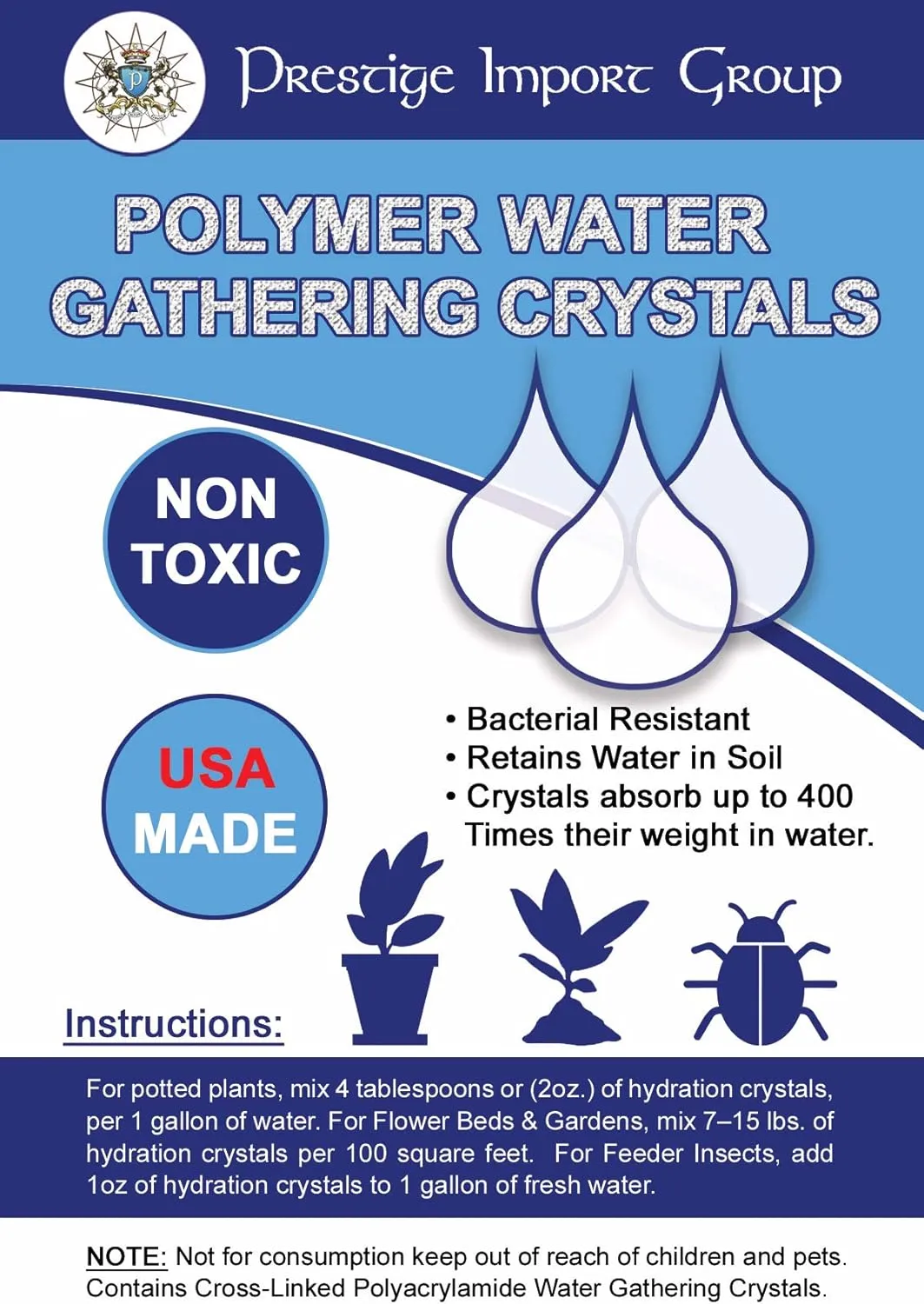 Prestige Import Group Water Gathering Polymer Crystals - Superabsorbent Cross-Linked Polyacrylamide Helps Store Water & Nutrients - 10 lbs