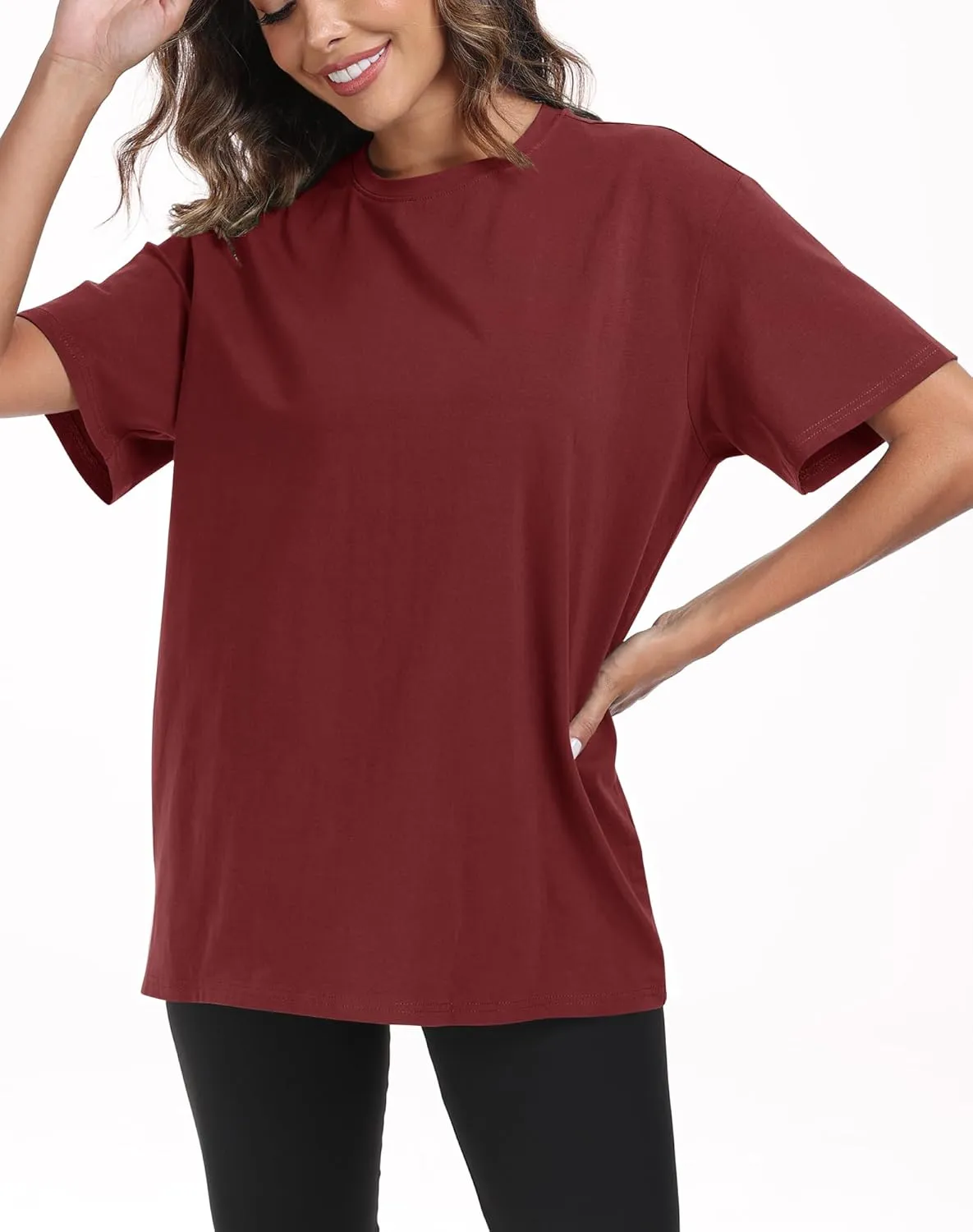 PRIMODA Womens Oversized Short Sleeve T Shirts Trendy Crew Neck Loose Workout Tee Casual Summer Tops Cotton