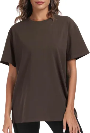 PRIMODA Womens Oversized Short Sleeve T Shirts Trendy Crew Neck Loose Workout Tee Casual Summer Tops Cotton