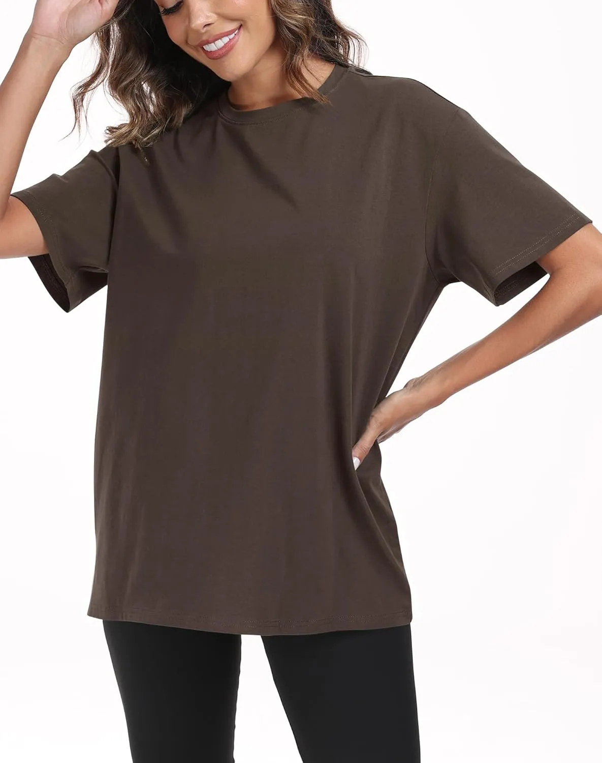 PRIMODA Womens Oversized Short Sleeve T Shirts Trendy Crew Neck Loose Workout Tee Casual Summer Tops Cotton