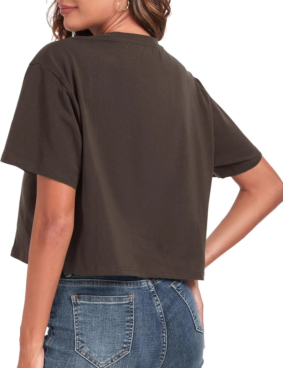 PRIMODA Women's Oversized Workout Cropped T Shirts Crew Neck Short Sleeve Casual Loose Summer Crop Tee Tops Cotton