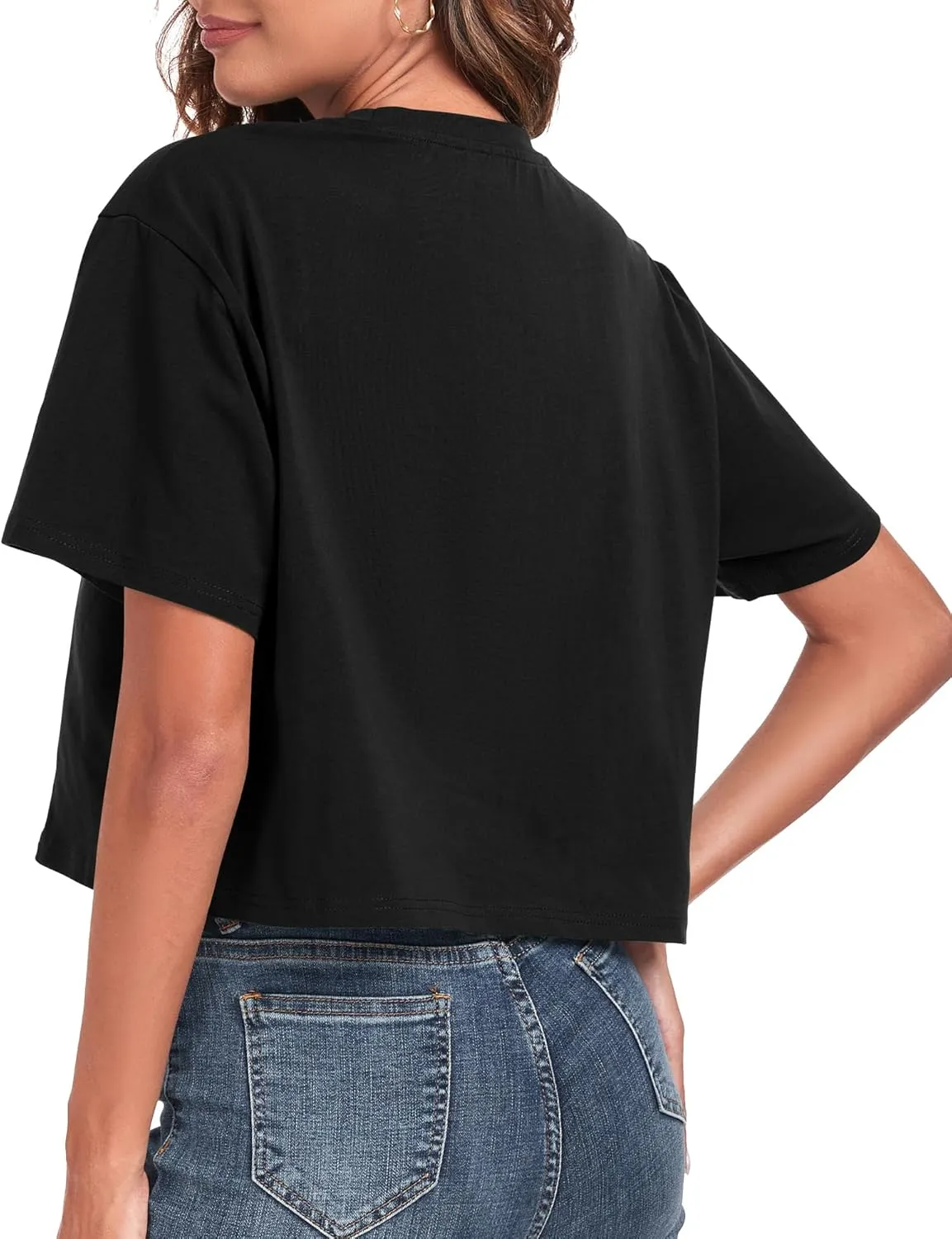 PRIMODA Women's Oversized Workout Cropped T Shirts Crew Neck Short Sleeve Casual Loose Summer Crop Tee Tops Cotton