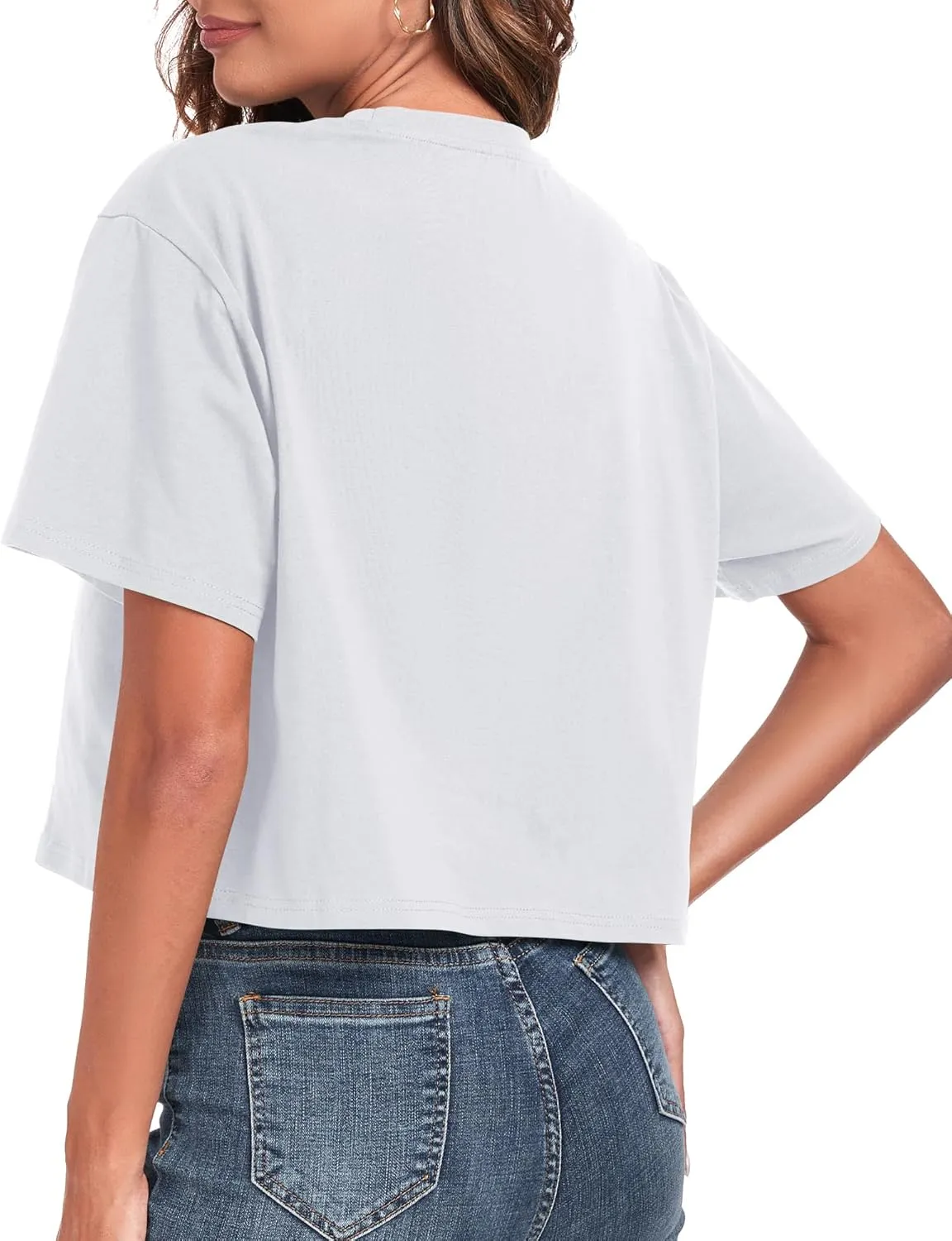 PRIMODA Women's Oversized Workout Cropped T Shirts Crew Neck Short Sleeve Casual Loose Summer Crop Tee Tops Cotton