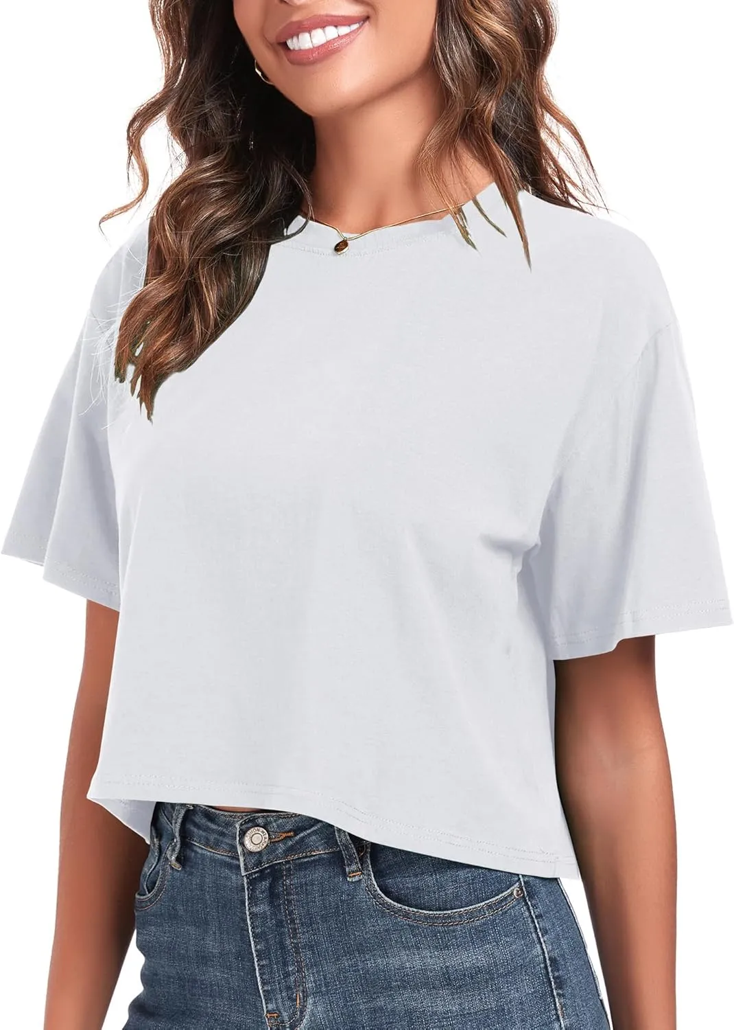 PRIMODA Women's Oversized Workout Cropped T Shirts Crew Neck Short Sleeve Casual Loose Summer Crop Tee Tops Cotton