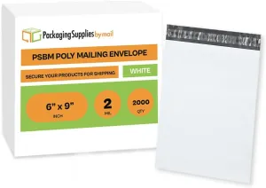 PSBM White Poly Mailers 6 x 9 Inch 2000 Pack Shipping Bags for Clothing, Sturdy Shipping Envelopes, Strong Self Seal Mailing Bags for Small Business, Poly Bags for Small Businessess